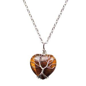 Tree of life heart pendant necklace with brown tiger eye heart stone